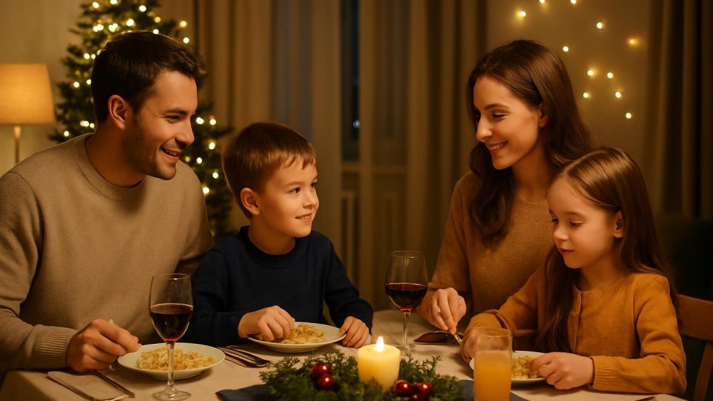 Famiglia con bambini in ambiente accogliente per Capodanno